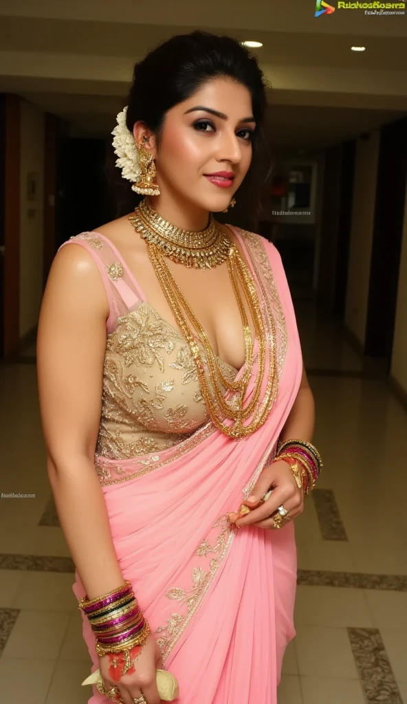Extremely Gorgeous, Beautiful Indian actress, pale white fair skin, curvy, a close up of a woman in a sari holding a flower, traditional beauty, wearing elegant jewellery, wearing gold jewellery, photo of a hand jewellery model, assamese aesthetic, adorned with precious stones, dressed in a sari, detailed armpits, photoshoot for skincare brand, indian style, traditional makeup, high quality portrait photoshoot, jewelry photography, with lovely look, promotional photoshoot