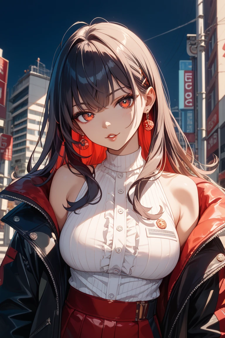 Top image quality Original Characters、Black long hair、Sexy makeup、Red summer clothes、Glossy red lip gloss、Volume Lighting、Engine depot、line