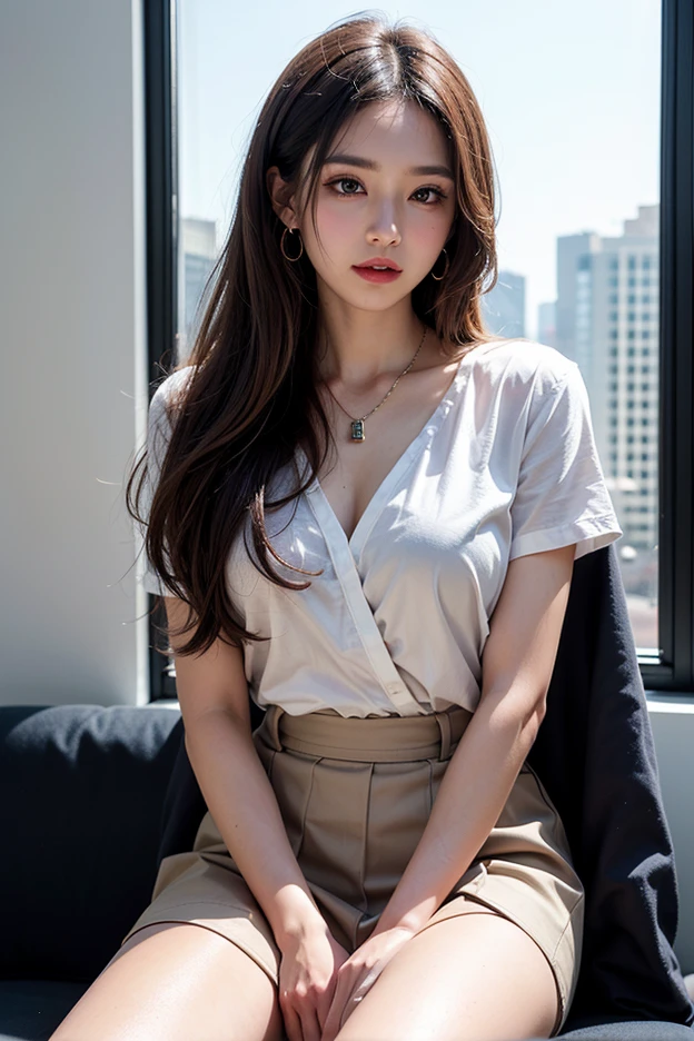 A perfect young female white-collar worker,Chinese,High picture quality,Works of masters,Black hair,Long hair shawl,Long hair flowing over the shoulders,Beach wave hairstyle,cropped shoulders,clavicle,exquisite face,Hydrated red lips,((Wear colorful and stylish summer sailor suits))(red colour,blue colors,green color,Violet-orange,In pink,amarelo,Printed clothing),Kurfo,,Colorful pleated skirt,Shadow lace skirt,Sparkling gemstone dress,Lightning astral dress,lumnious,white stockings,Lace material,Silk clothing,Real Human,( bookshelf background:1.5),CG rendering,16k, Sitting at the table,Holding a laptop in hand,hand typing on laptop keyboard,look ahead, Blurred background, (full body shot), Shooting from a distance,eyes look straight into the lens, smiles, Very detailed, wallpaper, depth of field, movie light, lens flare, Ray tracing, live stream room, line purple neon light , smiles, Do not show your hands,Close-up shot