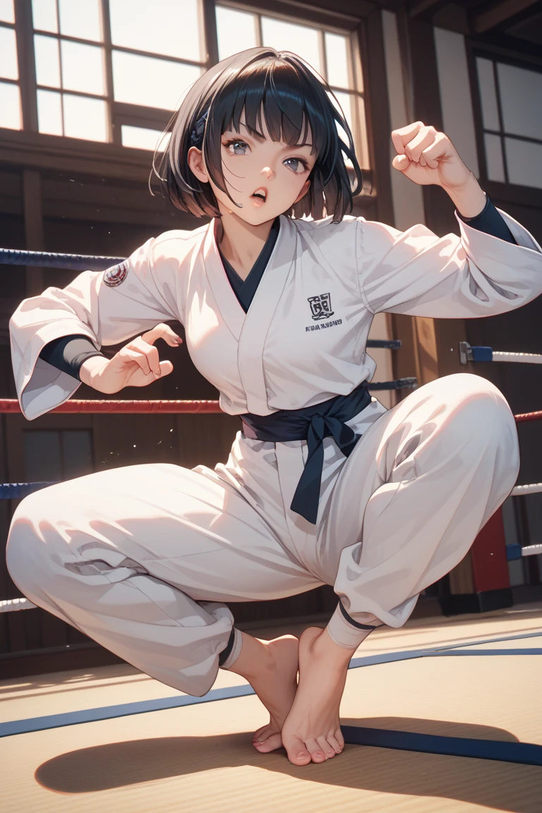 Black hair bob karate suit bare feet fighting pose bob hair Rin々Funny ...