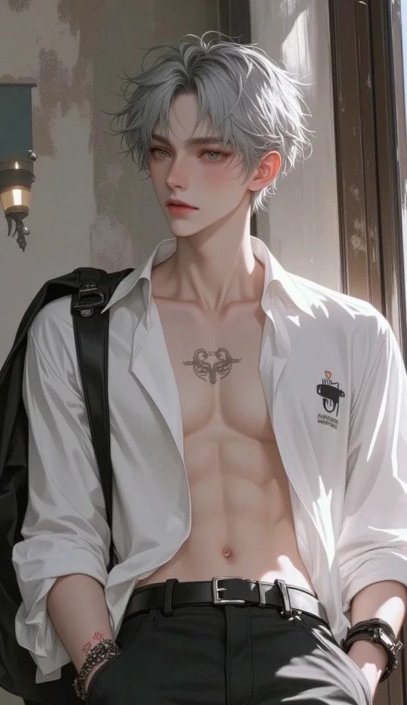 Jaekyung jinx, realistic anime,body builder, sixpack body, handsome male realistic,realism,boy handsome,age 16 years , handsome boy realism, white hair, comma hair,Holding a cellphone and there is a bandage wound on his hand 