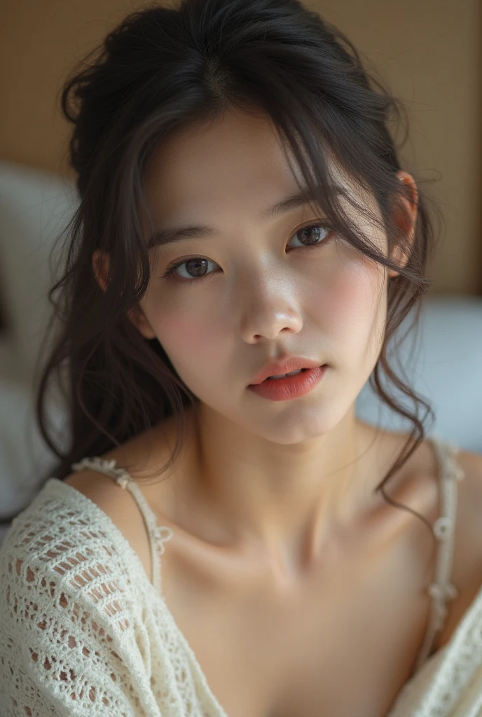 highest quality,masterpiece,Ultra-high resolution,(Realistic:1.4),Beautiful lighting, (Highly detailed CG Unity 8k wallpaper), Beautiful face in every detail,Detailed clothing, 50mm portrait photography, No background、One Girl,Big black eyes, cute, young, stop temporarily, Facial Lighting, Physically Based Rendering,Written boundary depth , Black Hair, short hair, ((Take from above)), Japanese women、20-year-old、Beige lace shirt、(Big Breasts)、(Upper Body)、Young and beautiful woman taking a selfie, Taken with iPhone camera、In front of a white wall