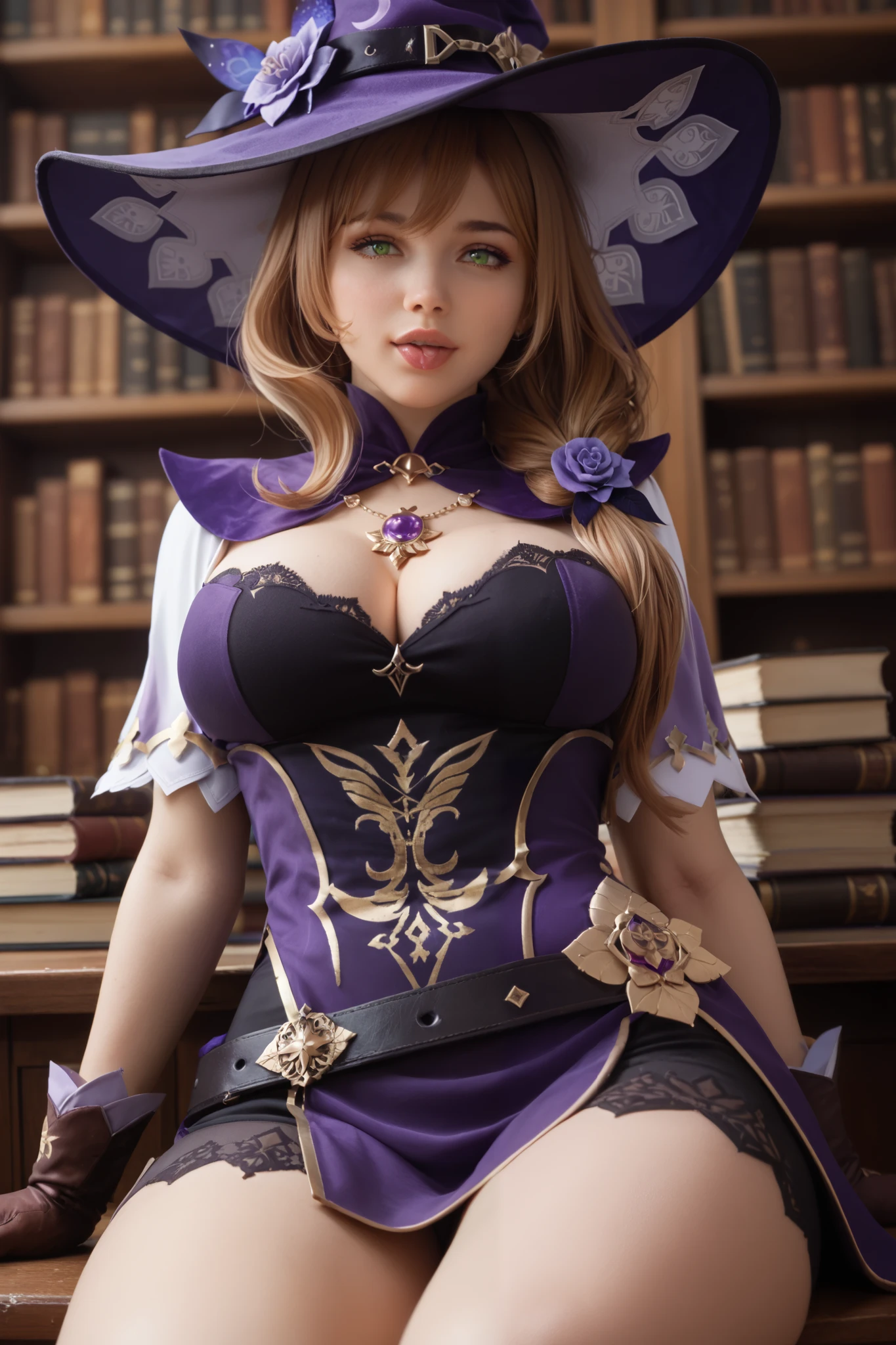 through wall, stationary restraints, ass focus, sweat, shiny skins,1girl,gloves,witch hat, brown hair, hat flower, green eyes, vision (genshin impact), thighhighs, flower, cleavage,black thighhighs, rose, large breasts, purple rose, multicolored dress, pelvic curtain, jewelry, purple dress,long hair, capelet, multicolored clothes, purple capelet,
