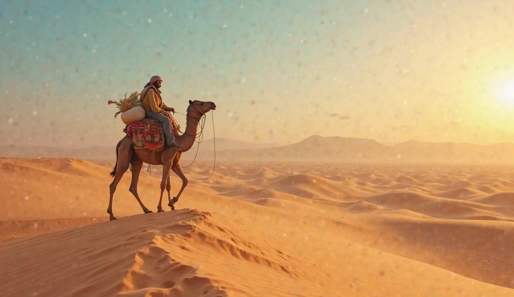 Once upon a time. A traveler was traveling on a desert road, riding a camel and carrying a bag full of food. His name was Hamid. He was an honest, God-fearing man. He traveled from city to city on business. Realistic image