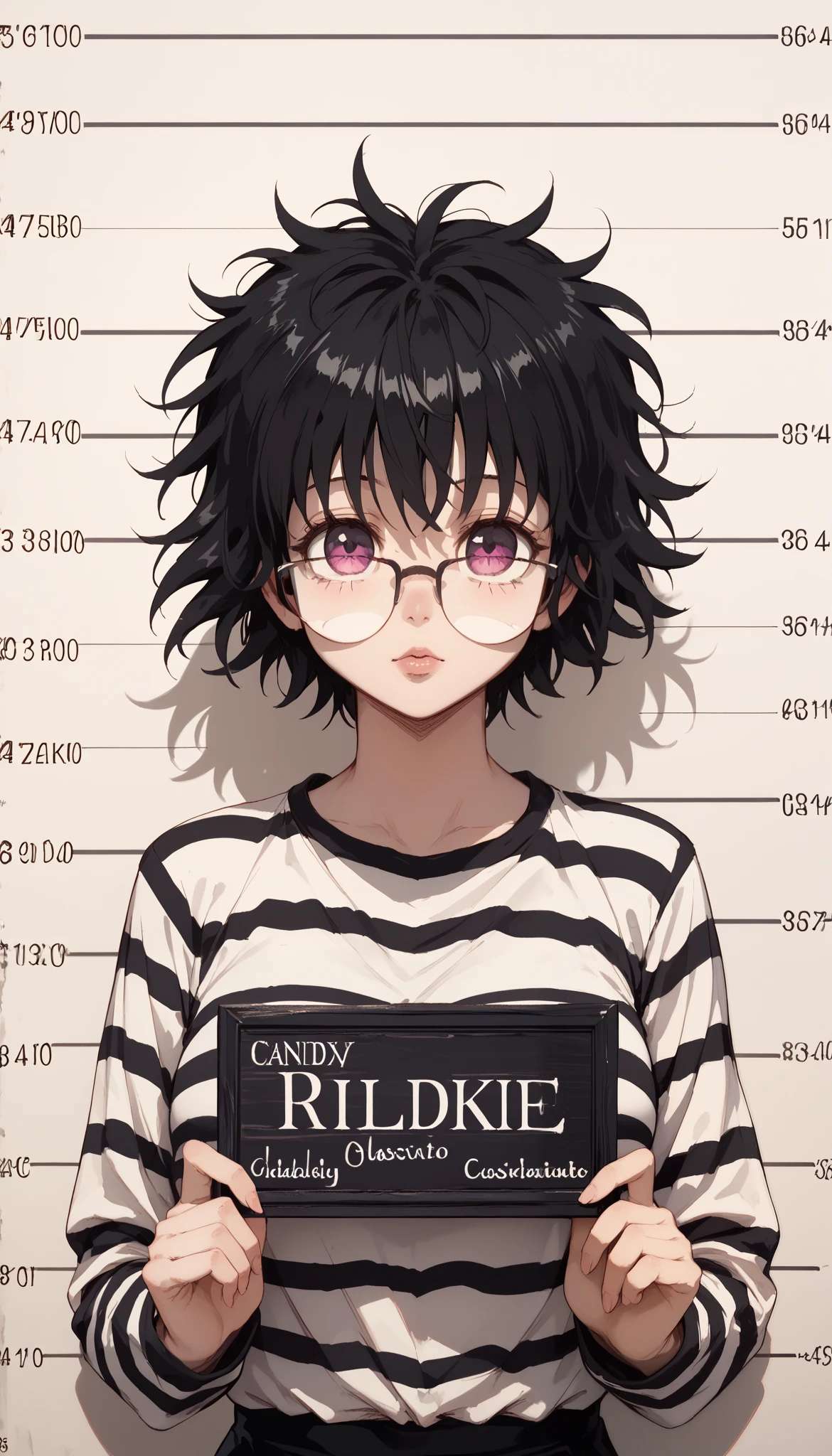 Shizuku murasaki, glasses, masterpiece, best quality, illustration, suspect photo, height chart, 1 girl, upper body, holding a sign, looking at the viewer, short black hair, messy hair, beautiful narrowed eyes, prison clothes, striped shirt
