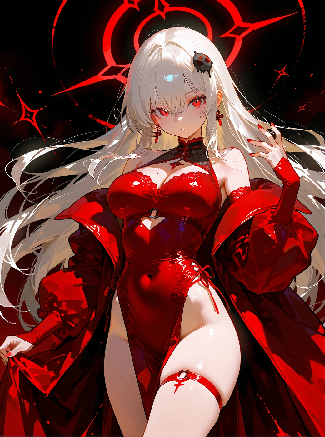 dancer, red dresses doll, showing off, masterpieces, HD, 16K, white hair, white eyes, red rope, scale up, perfect body shape, ghost, spirit, cute, spiral, red ribbon, Violence lolita, sexy, mind break, dumb, observation, nerd, creative, tips, electric shock, windy, wind effect