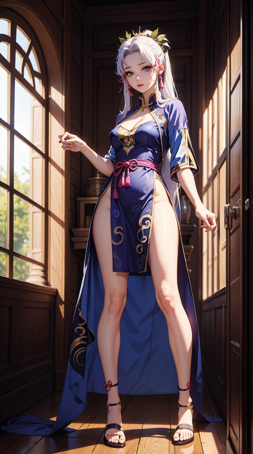 ((1girl, solo)), beautiful body, (perfect anatomy, perfect body, perfect hands, perfect legs), natural proportions, sexy body, (large breasts:1.3), cowboy shot BREAK
((extremely detailed face)), (beautiful detailed eyes:1.6), (realistic pupils, realistic iris:1), expressive eyes, looking at viewer, (clear eyes:1.3), (hyperrealistic:1.2), (detailed skin texture:1.2), smooth skin, (blue hair:1.5), short hair, (green eyes:1.5), (detailed lips:1.2), (attractive lips:1.1), (glossy lips:1.1), smile, parted lips, perfect face, perfect eyes BREAK
(revealing clothes:1.5), (breast curtains:1.2), breasts apart, no bra, detached sleeves, gold trimmed, stomach, (groin:1.5), (pelvic curtain:1.3), thighs, thighhighs, high heels, cape BREAK
(masterpiece:1.5), anime-style, top quality, best quality, (beautiful and aesthetic:1.2), (ultra detail:1.5), Ultra-detailed depiction, Ultra-precise depiction, extremely detailed 8k illustration, high resolution, (highly detailed shading:1.2), (realistic lighting:1.4), perfect lighting, vibrant colors, dynamic tones, striking hues, 8k, absurd resolution, perfect shadows, hdr, UHD, ambient lighting, realistic, ultra-realistic, photo realistic, highly detailed, rich detail, luminous colors, fine texture, intricate design, professional illustration, (soft light:1.2), (illustration:0.7)