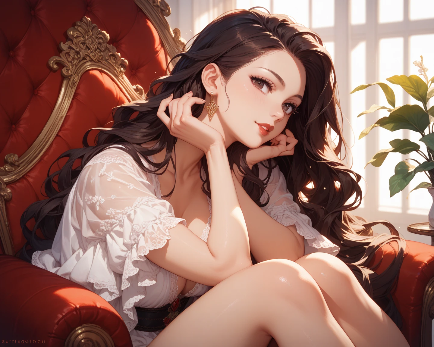 a beautiful and sexy harpy woman on a reclining bed, in a modern world, high quality, 8k, photo-realistic, detailed facial features, long flowing hair, detailed wings, intricate feather textures, elegant pose, soft lighting, warm color palette, cinematic composition, environmental details