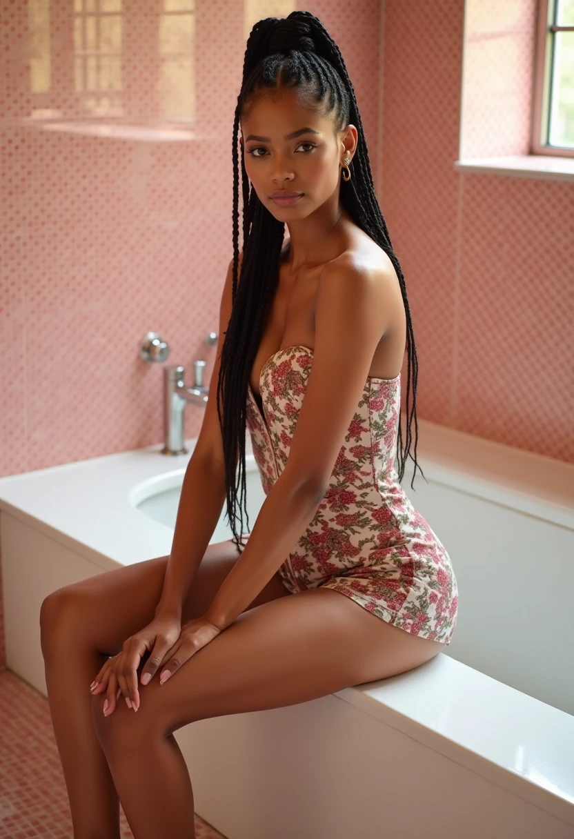 Best quality, realistic pictures like, under 15 years old, young black African American girl, very beautiful girl face, smooth skin, breasts, medium, abdomen, very beautiful, seductive, enjoy, skimpy e-girl clothes, no shirt, (: 1.2)), smile
