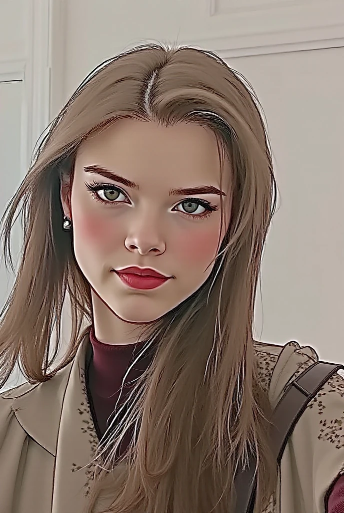 Tall slim girl with this face. She takes a picture of herself in the mirror with her phone. face covered. Wearing a burgundy sweater, leopard long skirt, Emerald cloak, burgundy ankle-length boots, nylon emerald tights, brown soft bag