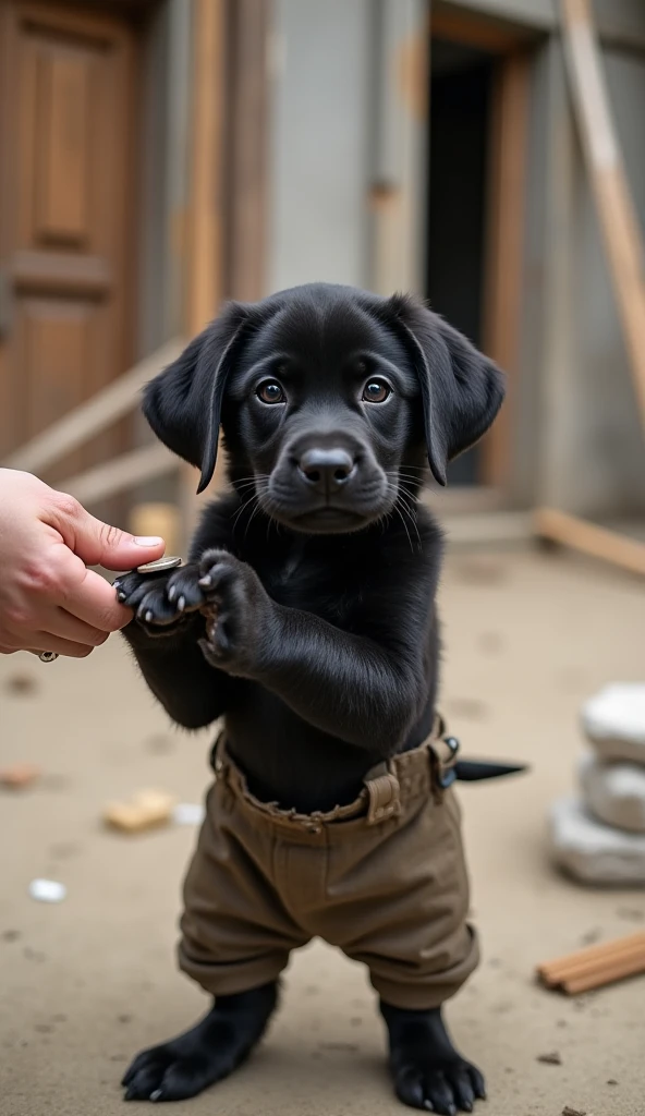 A cute black Labrador puppy wearing ragged clothes, standing on its hind legs, placing its paws on a person’s hand while receiving coins. The puppy has large, expressive eyes, and the background features an unfinished building with wooden planks and construction materials. The scene has a heartwarming and slightly sad atmosphere, emphasizing the puppy’s innocence and helplessness.