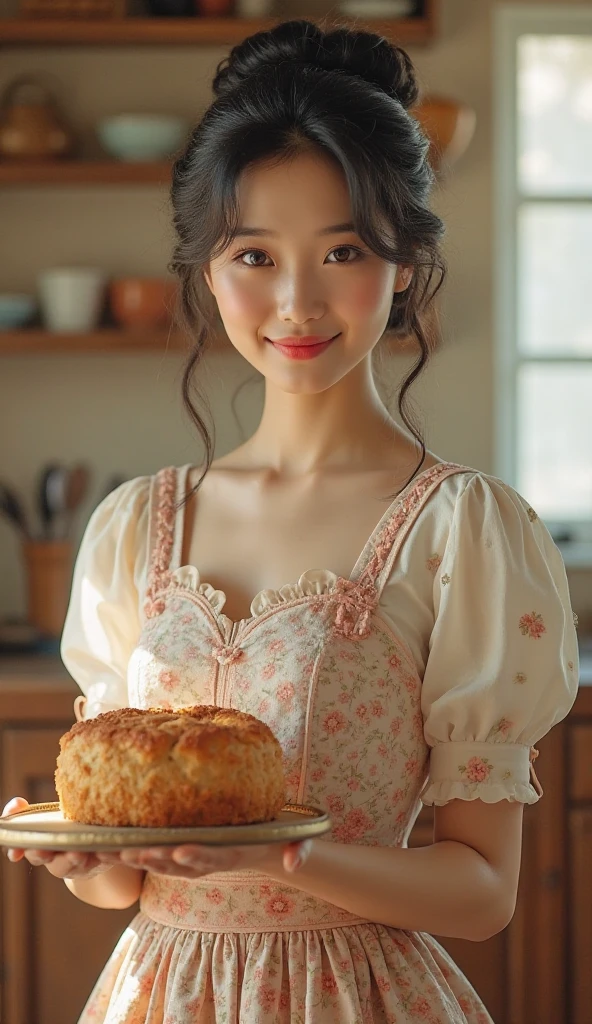 girl in modest full yellow dress, long full sleeves, should covers, long brown hair with front braid with flowers, big brown eyes, small chest, floral dress, full sleeves, high quality, in the day kitchen, smiling, happy aesthetic dress, no weird hands, holding empty plate, sunlight through window on face and hair, sparkling face and plate.
