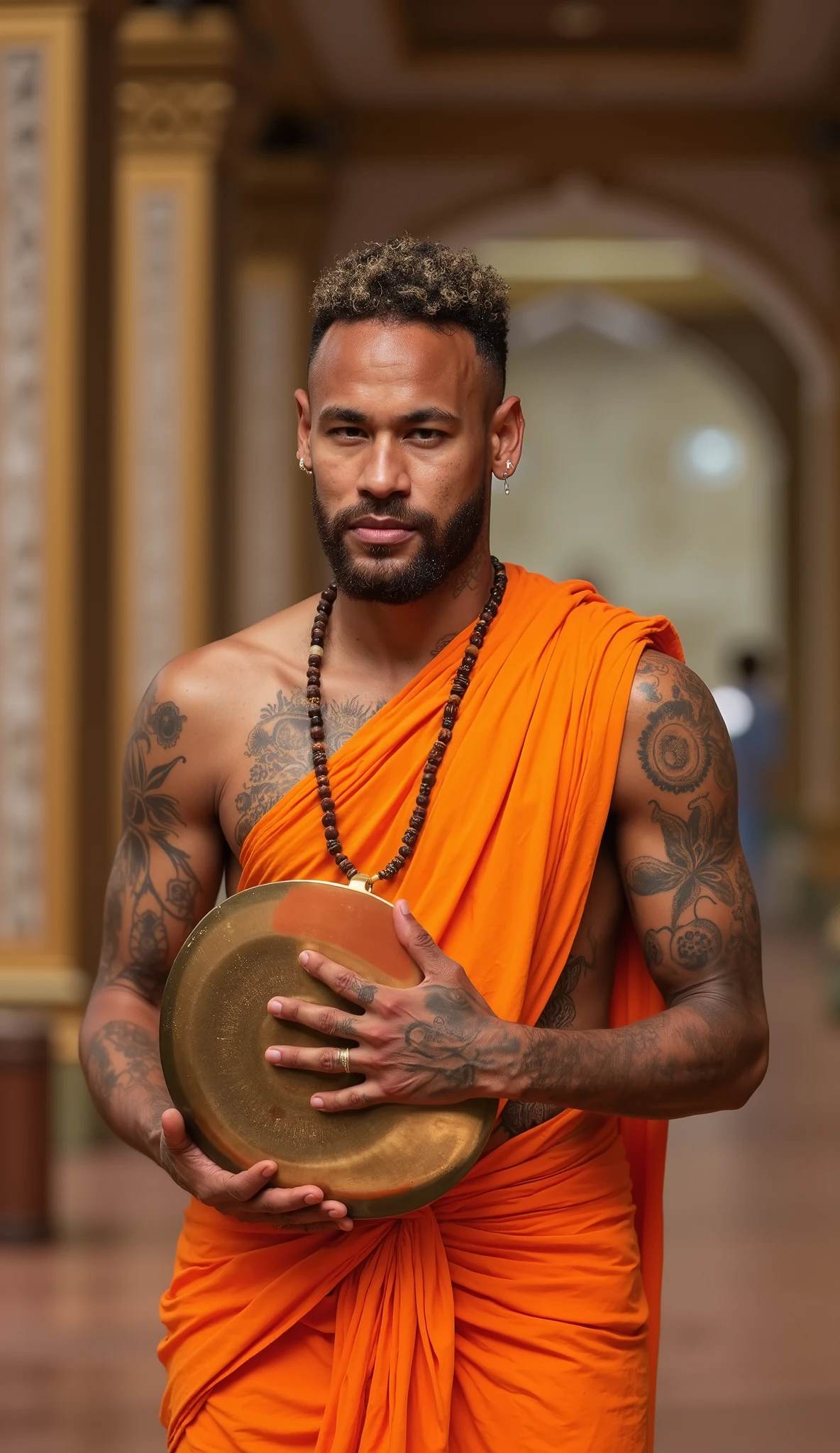 Neymar wearing a traditional Indian pandit's outfit, including a saffron dhoti, angavastram (shawl), and a rudraksha mala around his neck. He has a serene and spiritual expression as he plays the manjeera (small brass hand cymbals) with devotion inside a grand Indian temple
