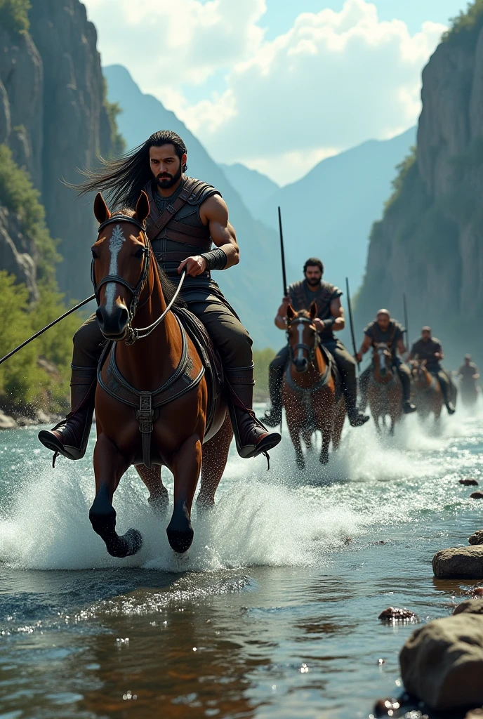 A centaur sprints across the plains with a spear in hand,Panning shot,Trained muscles,Dynamic Scene,mature,Experienced,