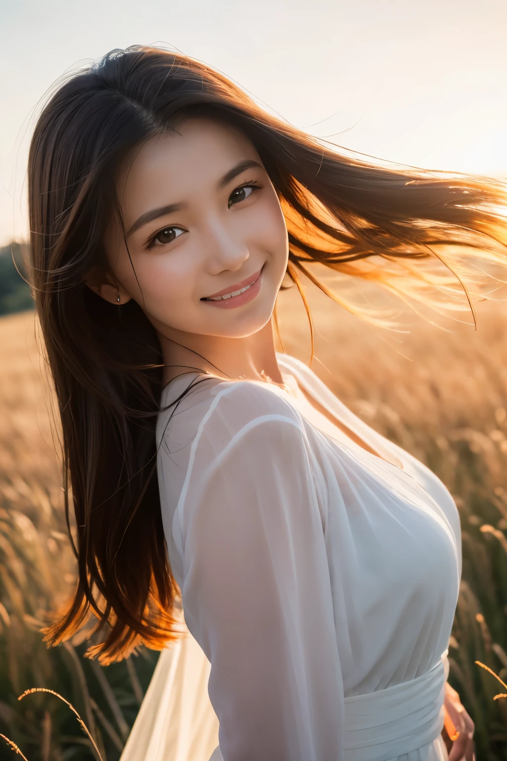 cleavage,Best quality, masterpiece, ultra high res, (photorealistic:1.4), raw photo, 1girl, white dress, off shoulder, yellow flower field, glowing skin, light smile