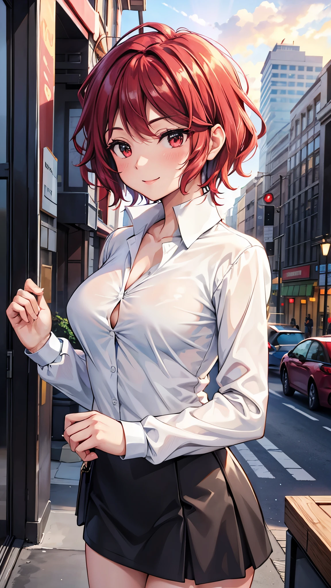 (Masterpiece, Best Quality, High Definition), Kana Arima (Oshinoko), Black Beret, (White Shirt), Red Necti, Long Sleeve, black_headwear, Solo, Shirt Big Tits Big Tits Big Tits