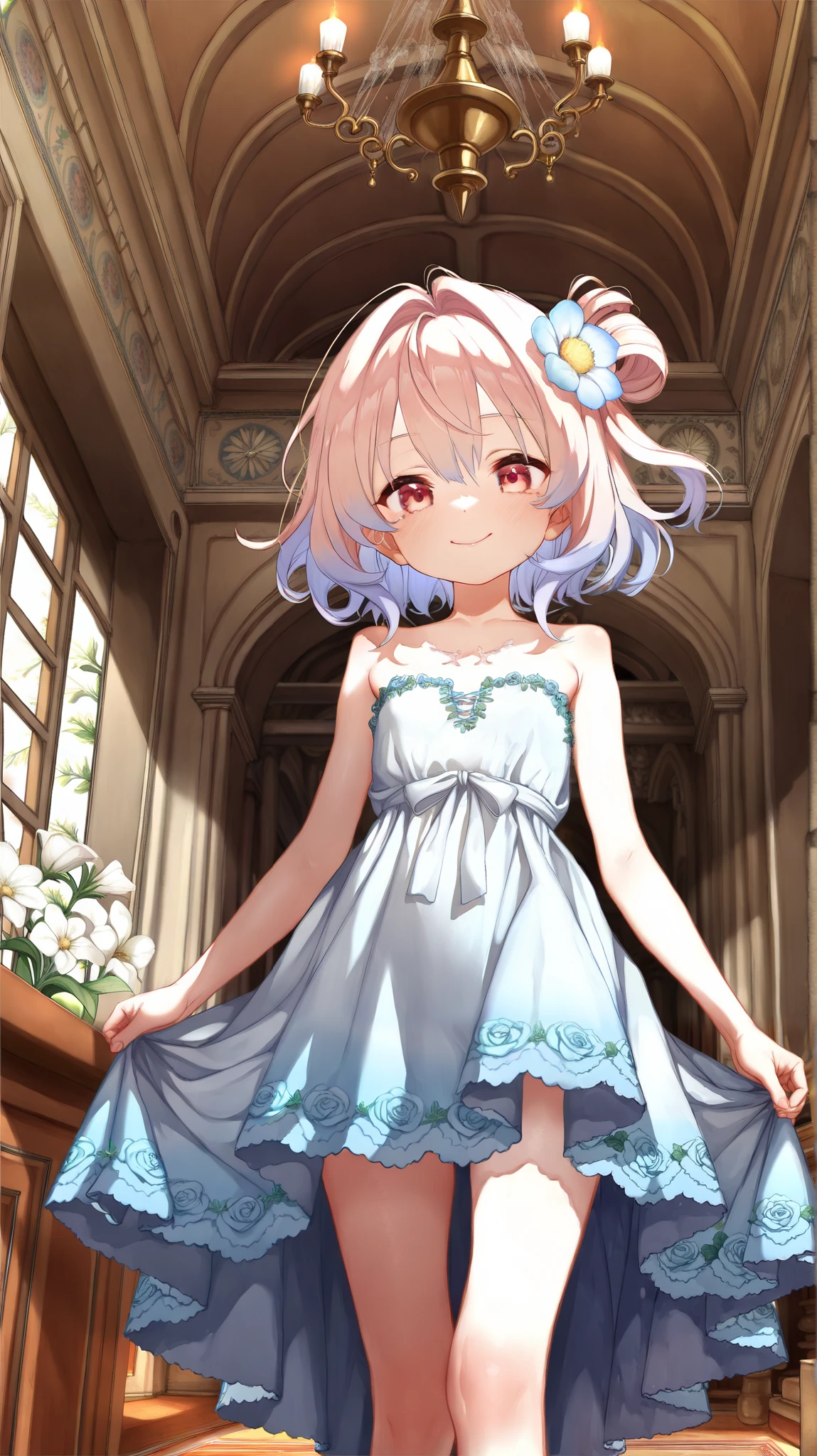 ((best quality)),( super high resolution ),(very well detailed),(Detailed Explanation),(( best CG )),(masterpiece),super detailed art,Amazing Painting Art,(art with delicate details:1.5), woman, beautiful and well-groomed face, strapless dress, Kachu-Sha, Smile, detailed flower embroidery,