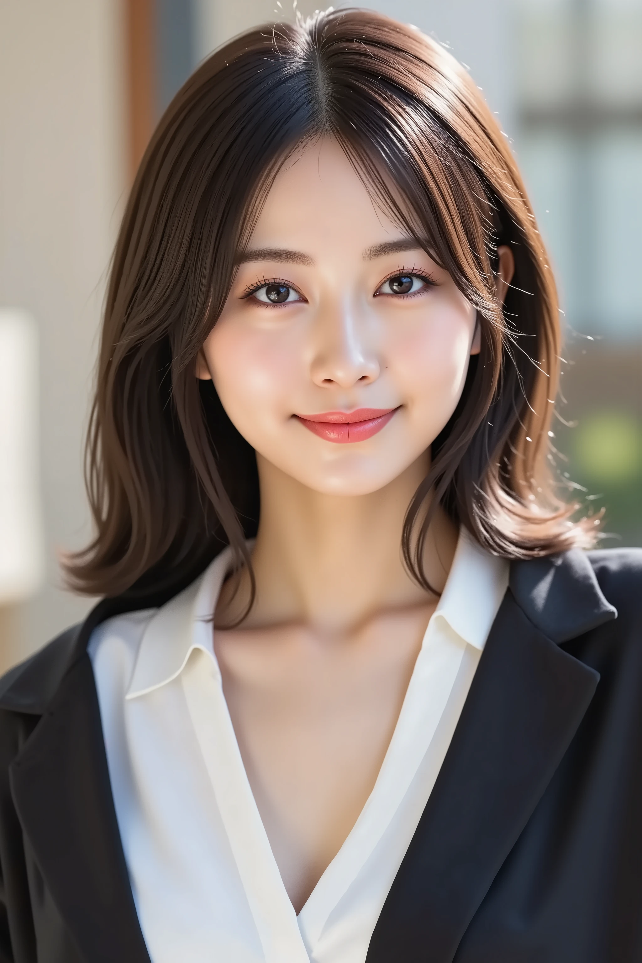 masterpiece, with the face positioned accurately in the center of the image, fine, clean skin、white blouse and black jacket,document background、long black hair, smile, 8k