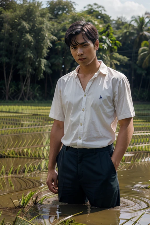 There was a man wearing a red tie and no shirt.,standing in the rice field, soft 8K portraits, Asian handsome man, Shot with canon eos r5, Shot with canon eos r5, taken with canon eos 5 d mark iv, 8K portraits, taken with canon 5d mk4, taken with sony alpha 9, Portrait of a Japanese teenager