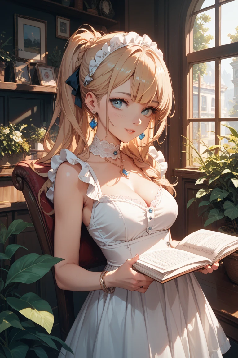 blond hairbl, hair bobbles,long eyelasher, solid circle eyes, Light smile, Blushing ears, shadowing, stereograms, Ultra-wide viewing angle, 8K, Super detail, Best quality, 8K, Delicate and smooth skin, Masterpiece, Chanting maidens in a sea of flowers,a white long skirt,Lie on the ground and read a book,Sunny,and the sun was shining brightly,Super high texture