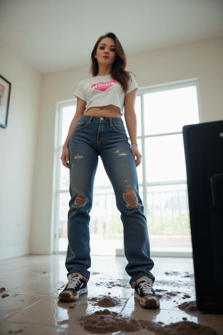 giantess young lady with long brown hair and a fuller body is struggling to stand in a low ceiling room, she is not comfortable.