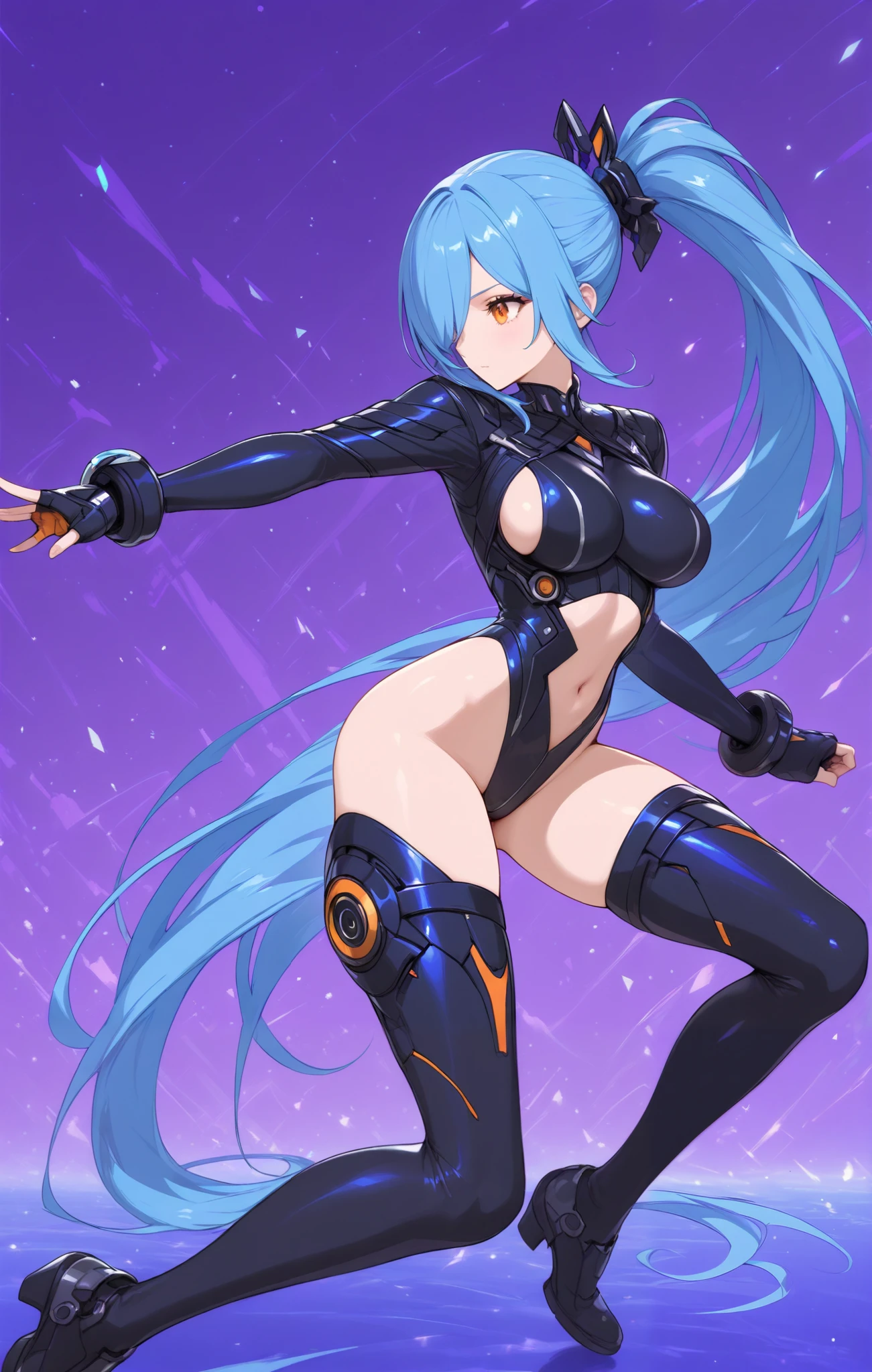 1girl,profile, full body, blue hair, single ponytails, long hair,hair over one eyes,long ponytails, revealing clothes, impossible clothes, one knee up, clothing cut out, breast cut out, single piece clothes, navel, purple background, standing,abstract background, orange eyes, eyelashes, looking away, masterpiece, best quality, absurdres, very awa