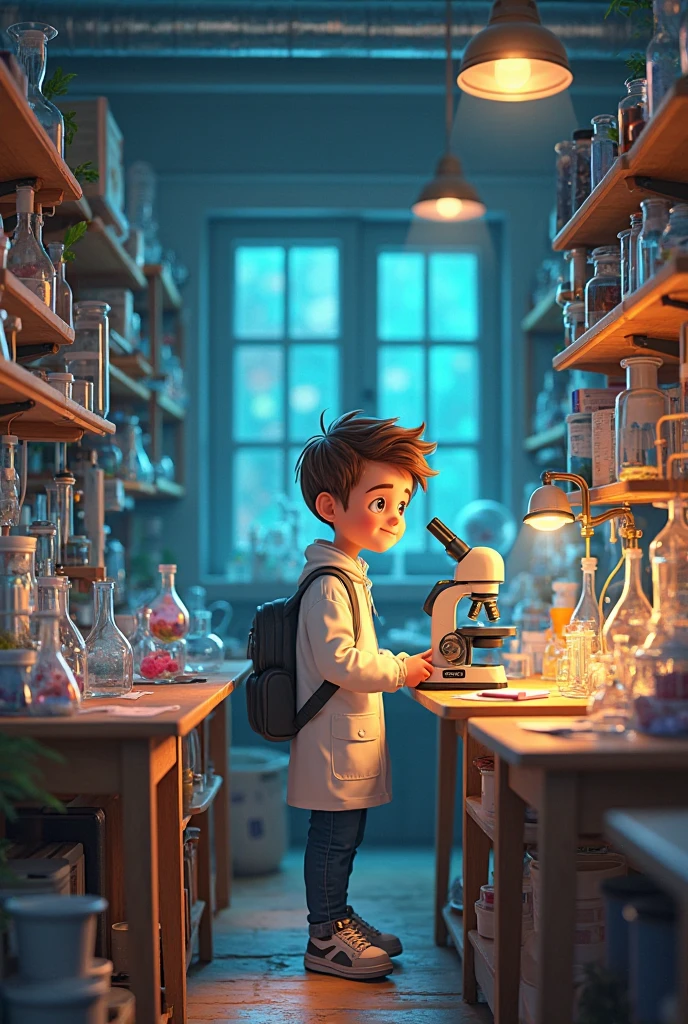 Schoolboy in a chemistry lab. character
