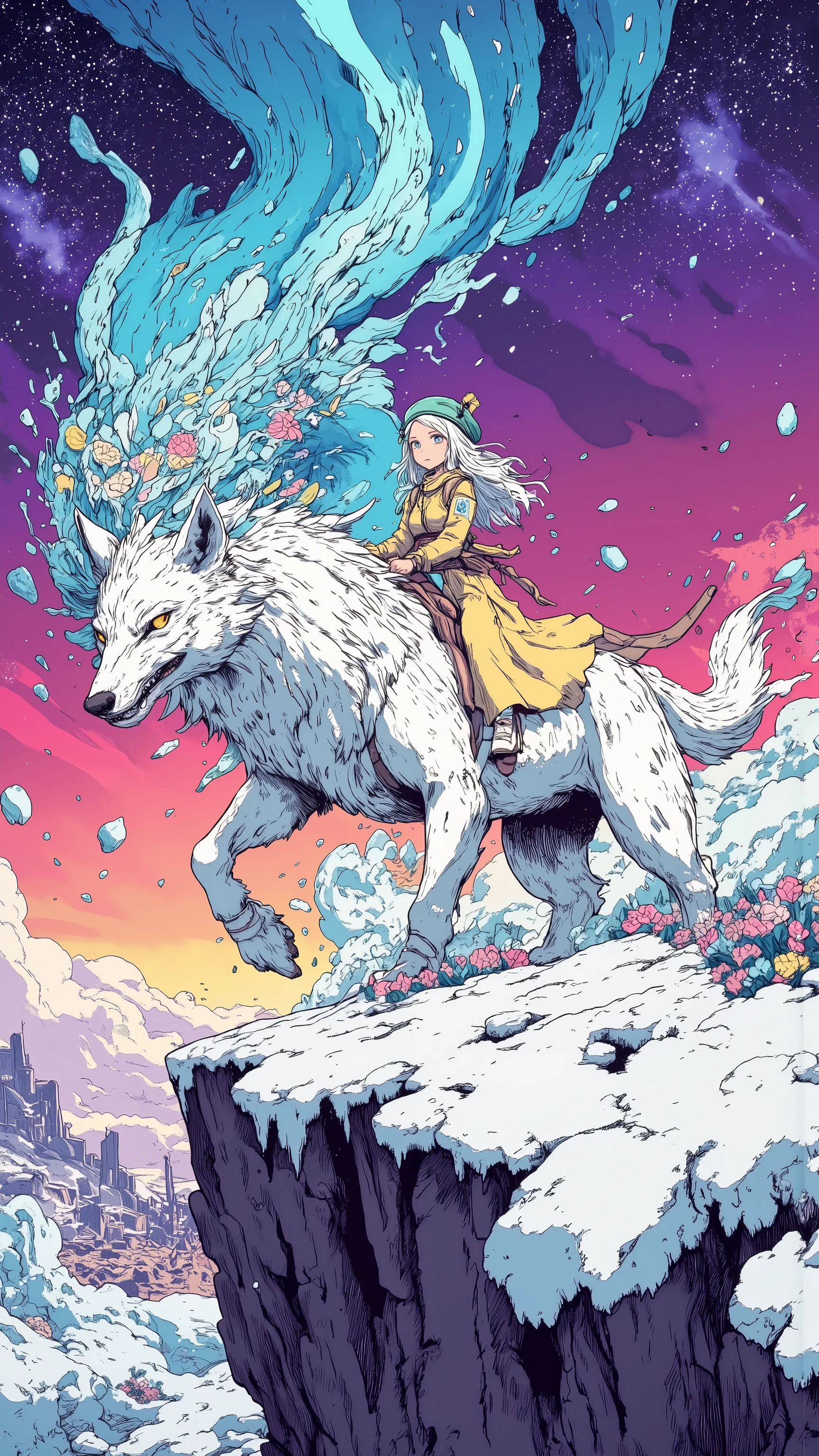 Imagine,The unreal colors in the sky have purple and pink gradients,galaxy,aurora, girl(21 years old,silver-white curls, long hair,head wearing a mint green gentleman hat,cream long dress,off-white canvas shoes)riding a huge silver snow wolf,On the Cliff ,There are crystal flowers all over the ground,waves