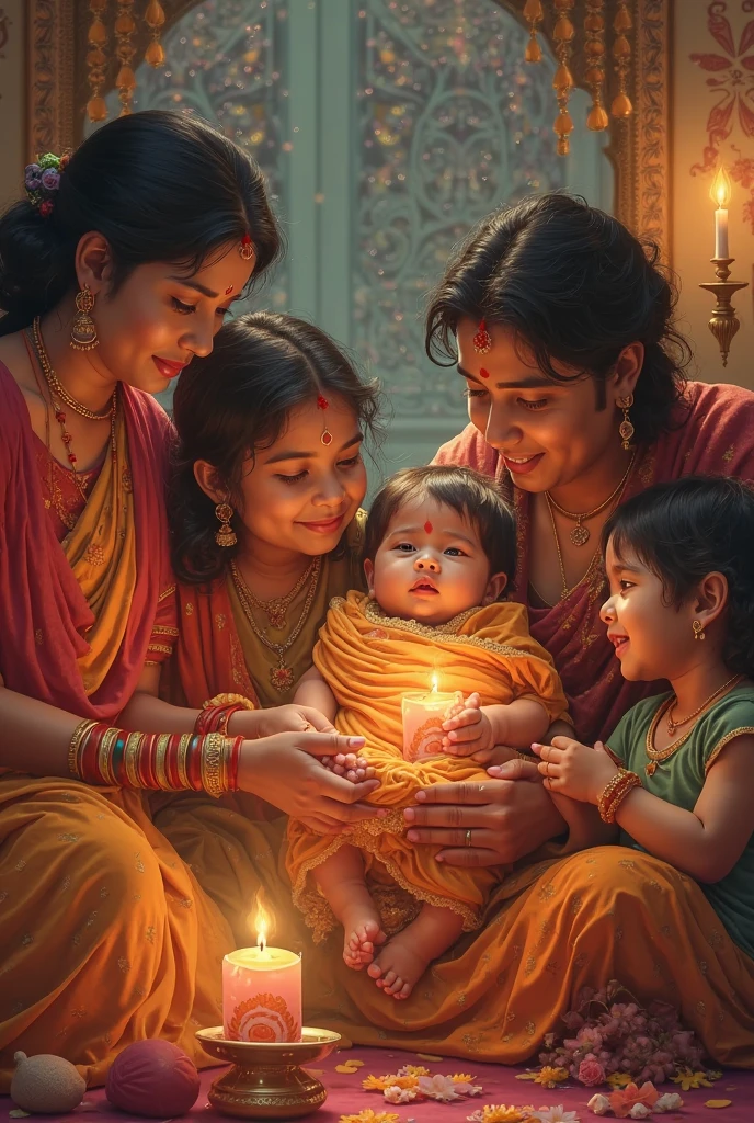 Hanuman's Revival and Receiving Boons**:
- Show the gods gathered around the unconscious little Hanuman, with expressions of concern and compassion. Vayu Dev, still holding little Hanuman, begins to calm as the gods offer their boons. The scene should be filled with divine light, symbolizing the blessings being bestowed upon Hanuman. As little Hanuman regains consciousness, his body begins to glow, symbolizing the immense strength, intelligence, and wisdom he is receiving. The gods are depicted with gentle smiles, showing their approval and respect for the young Hanuman.
These prompts can guide you to visualize each moment of Hanuman's early life story, emphasizing the emotions, actions, and divine interventions in each scene.