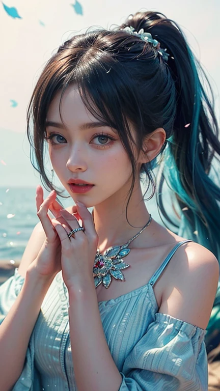 (best qualtiy,4K,tmasterpiece:1.3),Beutiful women,hyper realisitc,1girll,,sit-ups:1.1,dark brown hair:1.1,(Wet rain,Rain wet 0),Super detailed face,Detailed lips,Detailed eyes,二重まぶた,Side posture,poolparty,lying at the pooledge,shift dresses,Blue and pink hair,the sunset