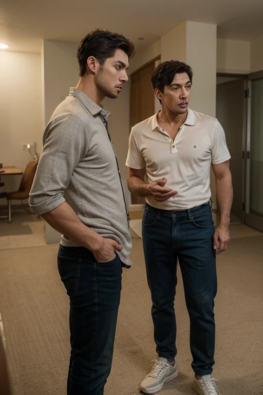 40 years old,Hidetoshi Nakata,(Kogoro Mori 1.3),office,Two skinny muscular men standing,whole body,Black socks,Thick body hair,Black lingerie,Topless,Densely hairy,Fortitude,HD,With a mustache,Polo Shirt