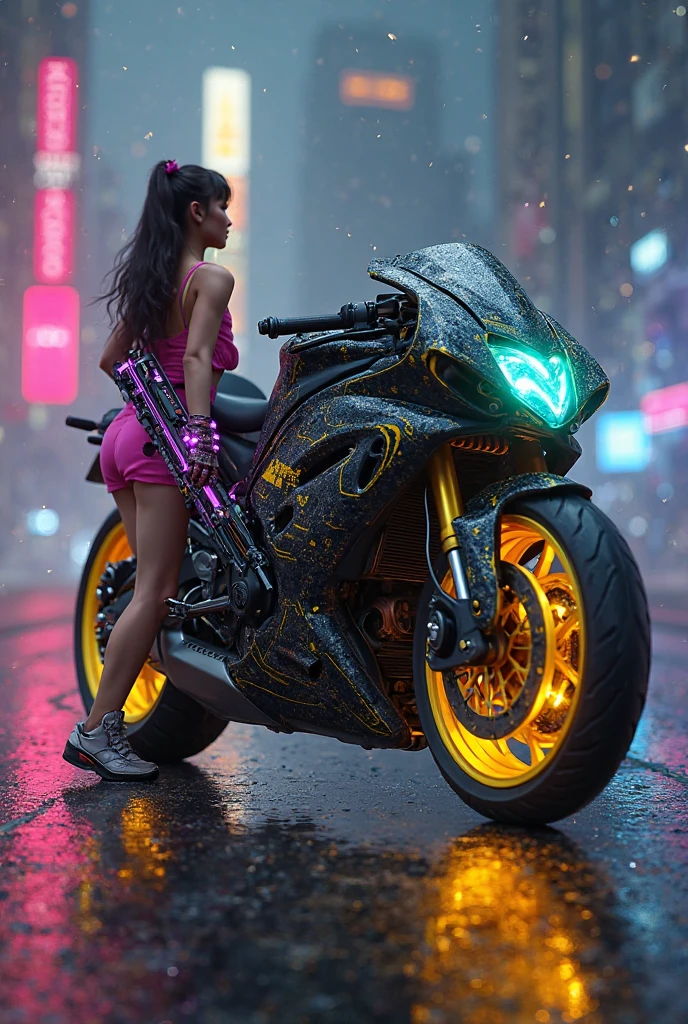 (masterpiece), (Best Quality), (Super Detail), Create an image, Using Unreal Engine 5 , Metahuman, 8k , super high resolution, realistic.  the elegant , 。黒と金の複雑inクールな改造が施されたモンスタースタイルの改造スポーツバイク,  モーターバイクの一部が緑色の光in光っている, in、pink short dress on the side, There is a young Korean woman wearing、purple lights with a cybernetics weapon、Neon glowing parts, 道路を走っているのは微妙inカラフルなグラデーションライト効果. dark background, タイヤが黄色い光in光っている,  headlamp, blue light LED .