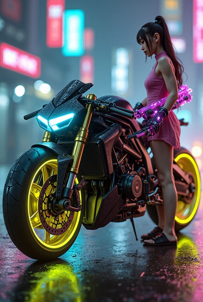(masterpiece), (Best Quality), (Super Detail), Create an image, Using Unreal Engine 5 , Metahuman, 8k , super high resolution, realistic.  the elegant , 。黒と金の複雑inクールな改造が施されたモンスタースタイルの改造スポーツバイク,  モーターバイクの一部が緑色の光in光っている, in、pink short dress on the side, There is a young Korean woman wearing、purple lights with a cybernetics weapon、Neon glowing parts, 道路を走っているのは微妙inカラフルなグラデーションライト効果. dark background, タイヤが黄色い光in光っている,  headlamp, blue light LED .