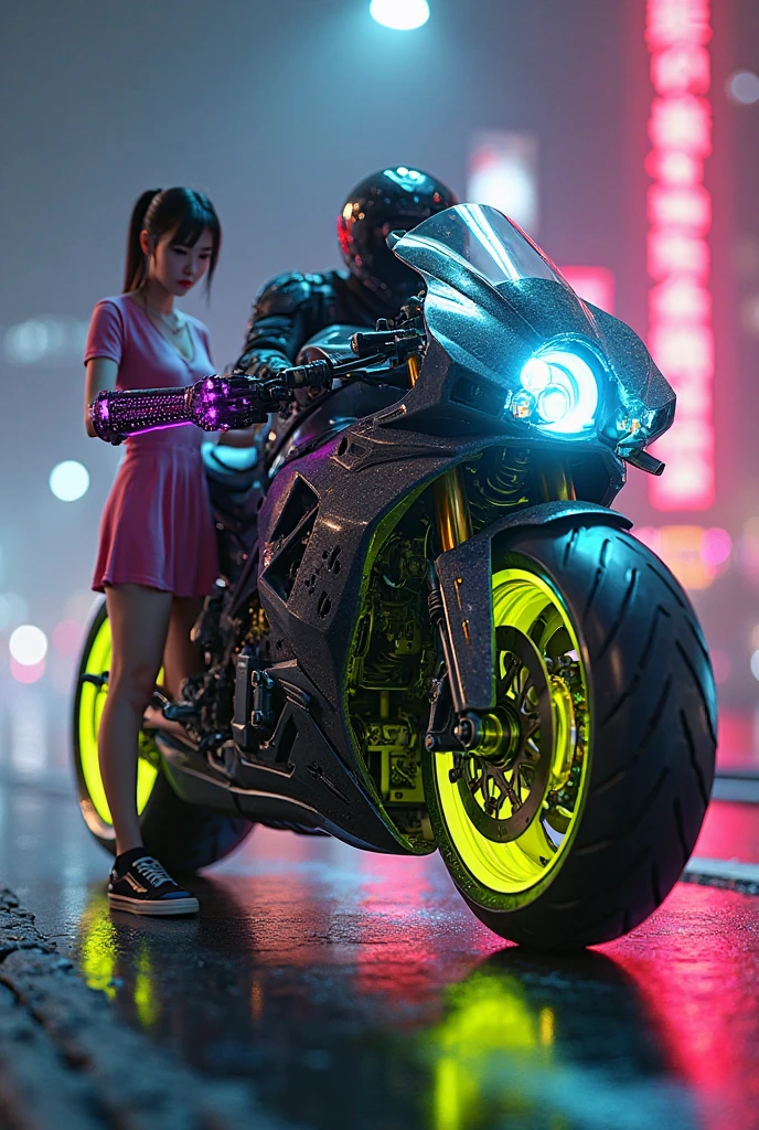 (masterpiece), (Best Quality), (Super Detail), Create an image, Using Unreal Engine 5 , Metahuman, 8k , super high resolution, realistic.  the elegant , 。黒と金の複雑inクールな改造が施されたモンスタースタイルの改造スポーツバイク,  モーターバイクの一部が緑色の光in光っている, in、pink short dress on the side, There is a young Korean woman wearing、purple lights with a cybernetics weapon、Neon glowing parts, 道路を走っているのは微妙inカラフルなグラデーションライト効果. dark background, タイヤが黄色い光in光っている,  headlamp, blue light LED .