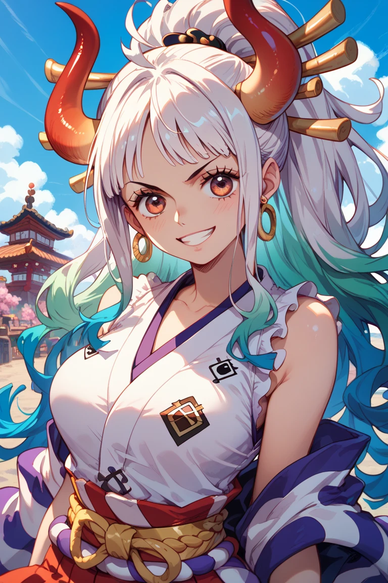 Yamatrope, :d, shimenawa, Gray Hair, Earrings, kimono, One girl, smile, Open your mouth, Underarm, No sleeve, Multicolored Hair, close your eyes, Bare shoulders, Upper Body, alone, horn, Raise the hand, Side bust, Green Hair, No sleeve kimono, Long Hair, jewelry, Large Breasts