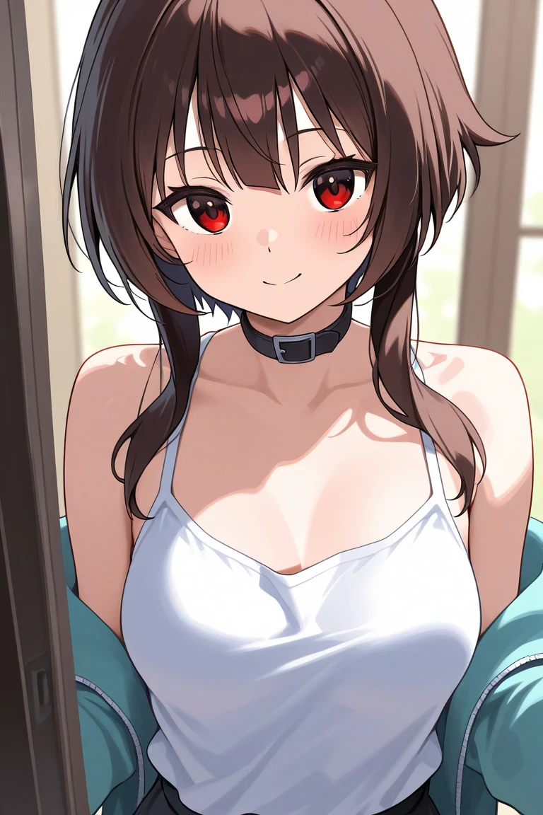 ((4k, obra-prima, best quality)), 1girl (Megumin), Cabelos castanhos claros, cabelos curtos, olhos vermelhos, mediuml breasts, fofo, corar, roupa de banho, summer