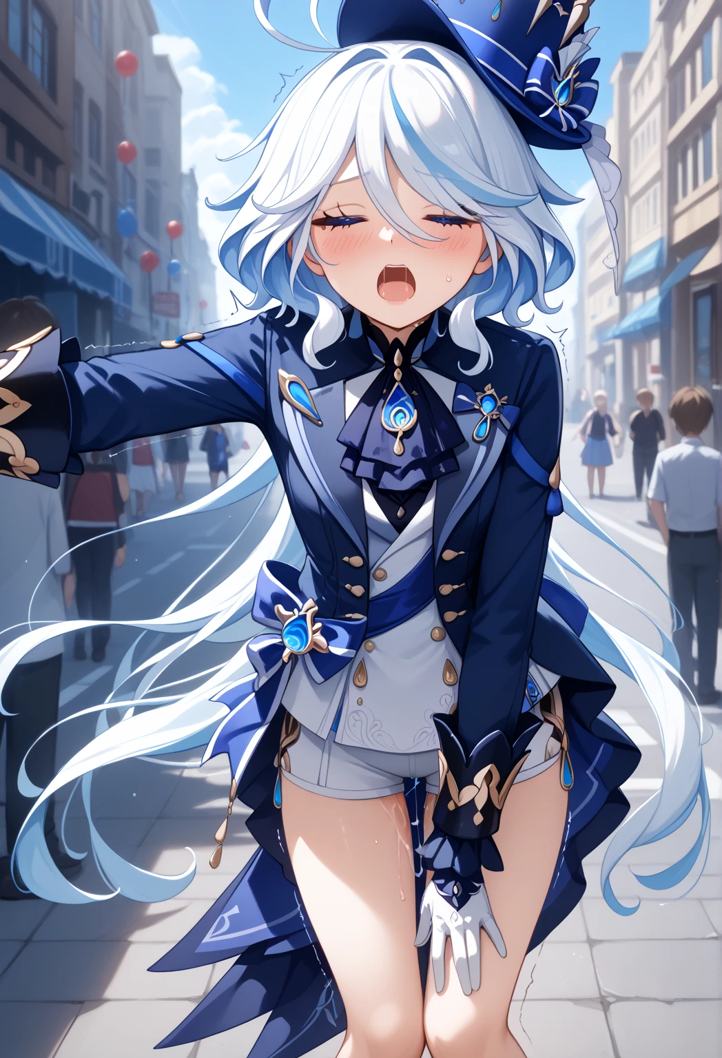 masterpiece,best quality,1girl, furina \(genshin impact\), genshin impact, cowlick, blue jacket, kodona, simple background, open mouth, streaked hair, upper teeth only, solo, long hair, light blue hair, white background, smile, white hair, ahoge, long sleeves, hair between eyes, (((skirt suit))), (((three-piece suit))), (((dress shirt))), (((necktie))), (((blazer))), (((black lapel))), (((suit jacket))), ((waistcoat)), double-breasted waistcoat, (((bodycon miniskirt))), pocket square, cufflinks, tie clip , tailored suit,