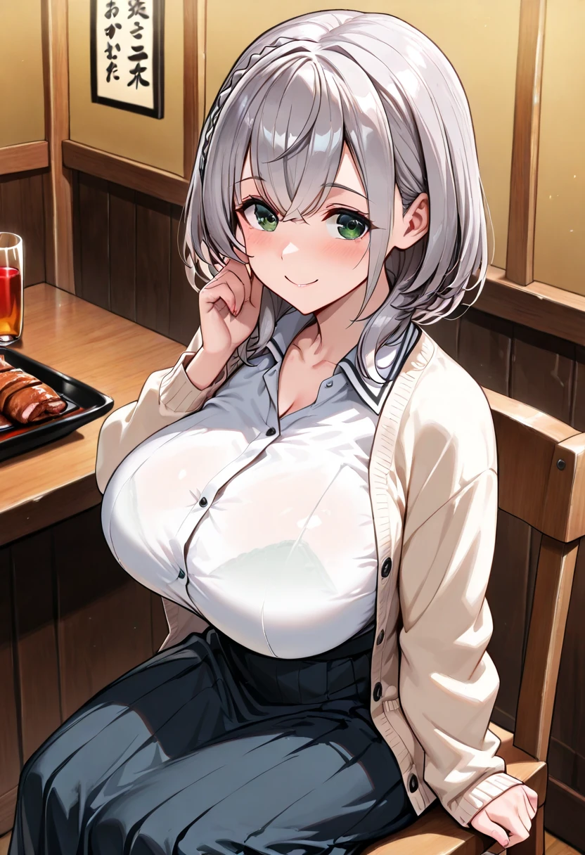 masterpiece, best quality, ultra-detailed, illustration, colorful, flat color, depth of field, 1girl, noel shirogane, anime, sitting, silver hair, short hair, green eyes, looking at viewer, at office, white shirt, unbuttoned shirt, black bra, black tie, black skirt, pantyhose, black pantyhose, detailed skin texture, detailed cloth texture, beautiful detailed face, seductive grin, huge breasts