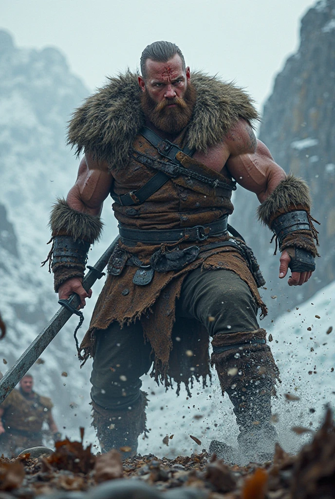 A Viking berserker charging through a blizzard, wielding a massive axe. hyper realistic