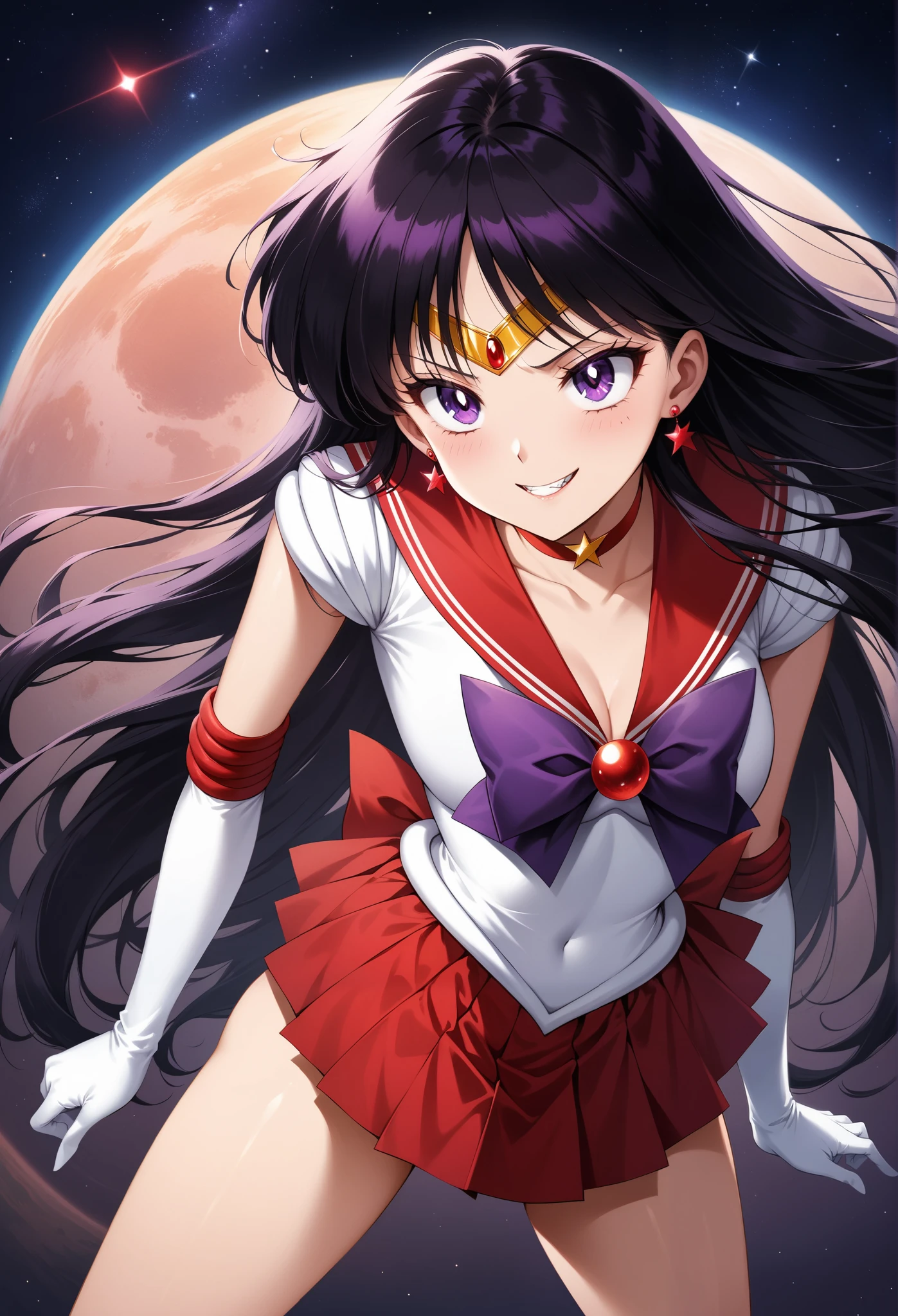 masterpiece, best quality, 1girl, solo, facing viewer, (art by Naoko Takeuchi), rooftop, skyline, night, fog, starry sky, full moon, bishoujo senshi sailor moon BREAK EPsmSailorMars, red eyes, half-closed eyes, evil face, smirk, parted lips, dark skin, purple hair, short hair, full makeup, black eyeshadow, red lipstick, mascara , bow, bowtie, purple bow, purple bowtie, breasts, brooch, choker, elbow gloves, gem, gloves, heart, heart brooch,jewelry,red bow, red choker, red gemstone, red sailor collar, shirt, short sleeves, star (symbol), star choker, black gloves, black leotard, black shirt BREAK leotard,ultra miniskirt, pleated skirt, red skirt, thighhighs