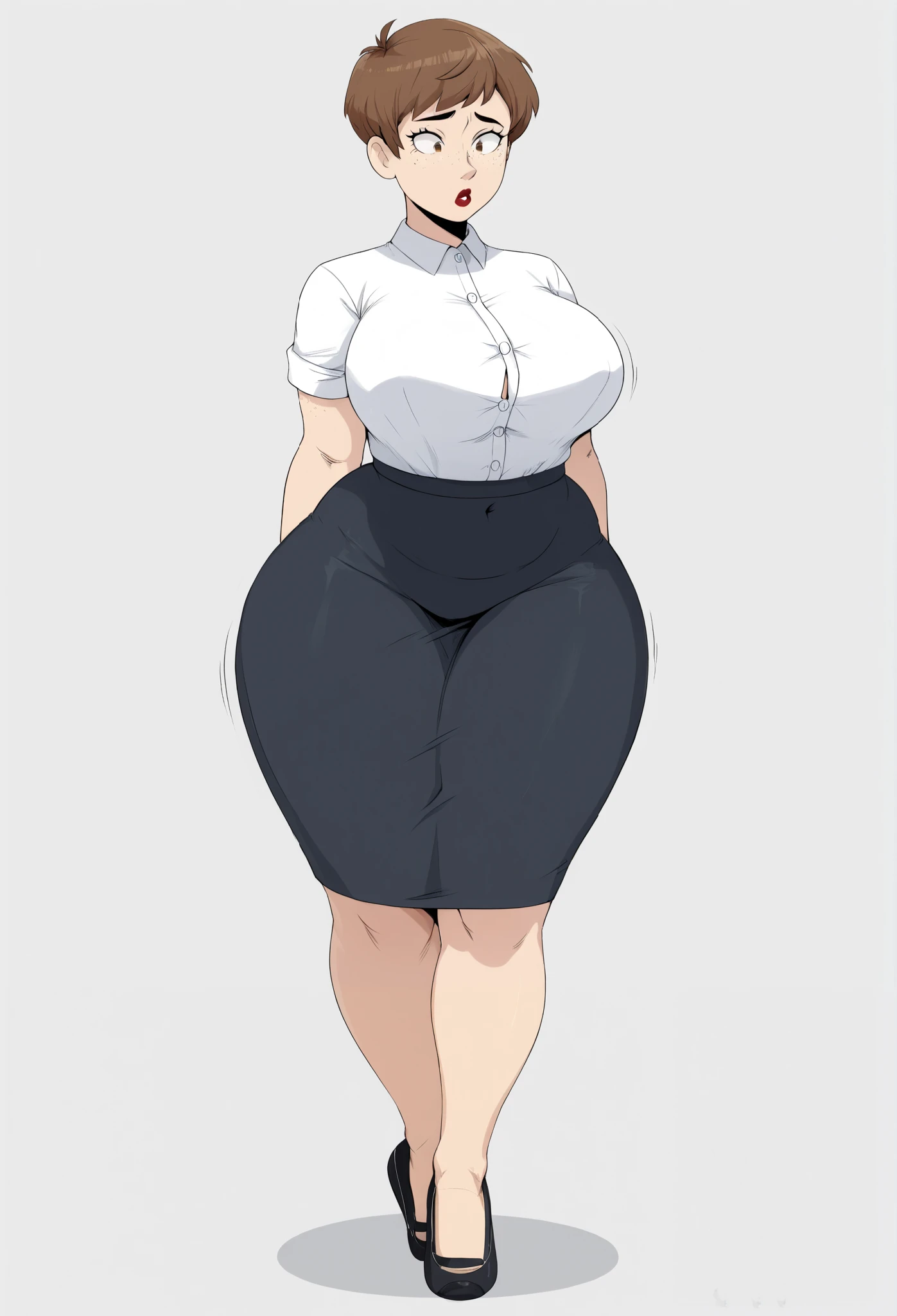 ((((kipteitei art)))), ((highres)),Masterpiece, high quality, best quality, beautiful, perfect lighting, detailed face, ultra cute face, ((1girl)), ((solo), ((((sarashina ruka)))), ((blue hairband)), dress shirt, black vest, black pants, work uniform, (tight pants), black socks, loafers, looking at viewer, cowboy shot, sexy pose, sweet smile, cute, happy, blush, large breasts, cleavage, perky breasts, (wide hips), ((thick thighs)), pudgy, (chubby female), working at movie theater,