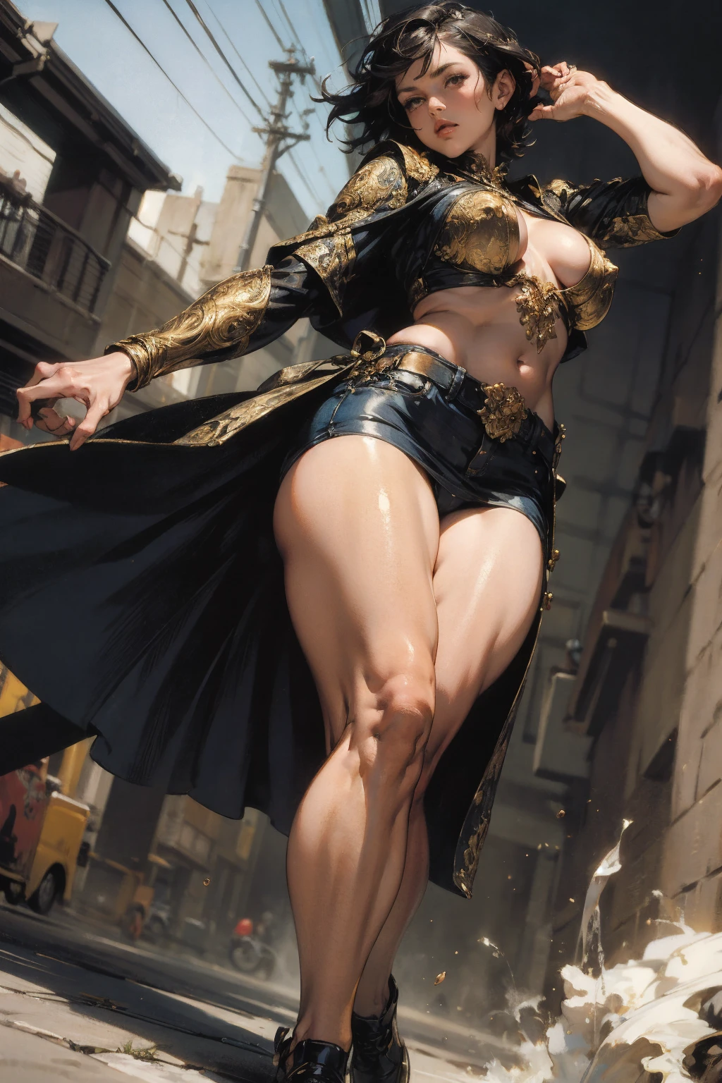 gray short hair boy,dark skin,flat chest,Extremely slim figure,Tattoo,large cape,Thong,Thin legs,barefoot,Medieval city