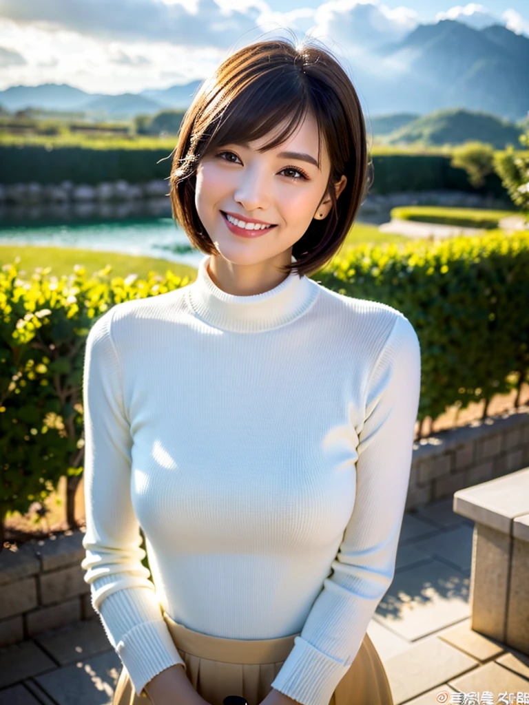(highest quality、table top、8k、best image quality、Award-winning work)、one beautiful woman、25 years old、(alone:1.1)、perfect beautiful composition、(Huge breasts that are about to burst:1.1)、(perfect fit:1.1)、(emphasize body line:1.1)、(very short very short hair:1.1)、slender body、(Perfect Red Turtleneck Sleeveless Long Knit Sweater:1.2)、(Boldly exposing beautiful raw thighs:1.2)、(Photo above the buttocks:1.2)、look at me and smile、(blurred back ground:1.1)、(Strongly blurred accurate city park back ground:1.1)、stand gracefully、droopy eyes、natural makeup、Ultra high definition beauty face、ultra high definition hair、(Super high definition perfect eyes:1.1)、(Super high resolution glossy white skin:1.1)、Super high resolution glossy lips、(accurate anatomy:1.1)、(very bright and vivid:1.2)