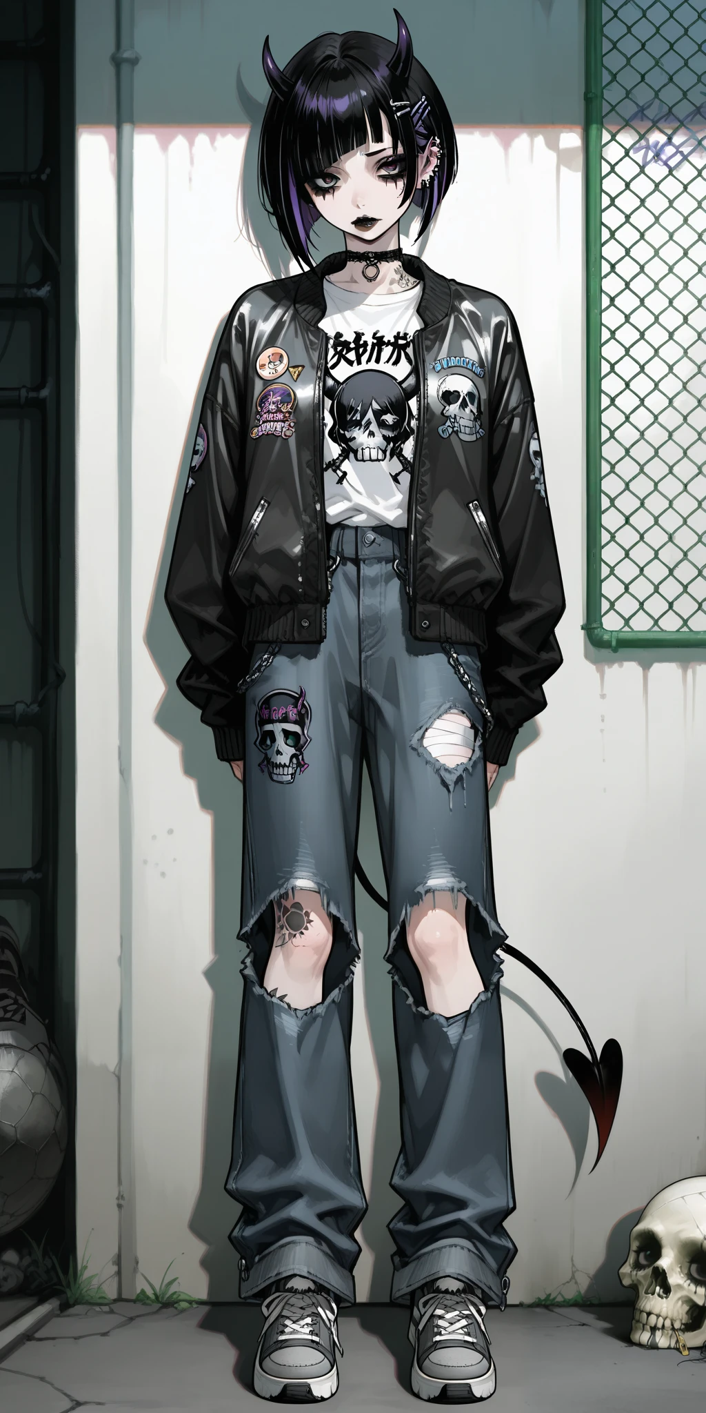 skinny tired girl is belong to emo/goth subculture. She has obsidian black scene hair with highlighted white strands .she has a wolf haircut and long bangs that hide half of her face. She has a lot of metal hairpins, barrette, hair clips on her bangs. Her eyes are purple. She has black Gothic makeup: black lipstick,black eyeliner and leaking mascara, black eye shadow. She has a lot of piercings and tattoos. On her neak she wears a spiky choker. She is dressed in a gray torn brand T-shirt with a skull print or metallica band, a bomber sport-jacket with set of safety pin and badges, oversized jeans with ripped holes on her knees, and gray sneakers. Her palms is bandaged. on her forehead two obsidian black devil horns,behind her back devilish pointy tail. she is hanging around in an alley where the walls are covered with graffiti and the passage is twisted by a chain-link fence. on the background is fogy abandoned city.