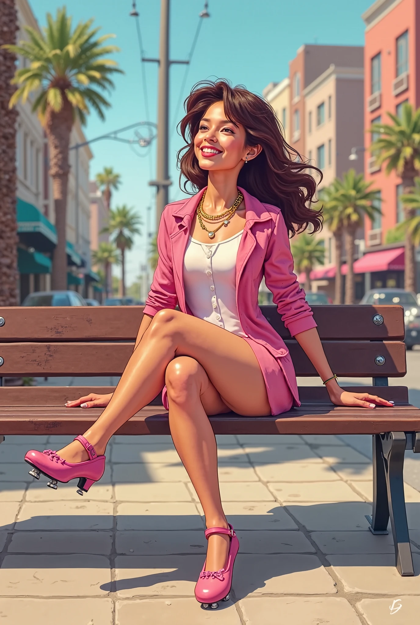 Male-to-female crossdresser (30 years old). Feminine. Flat chest. Wearing a mini summer dress with sneakers. Mid-lenght, dark brown, wavy hair. Hazel green eyes. Happy, smiling, provocative. Realistic anime style. --auto --s2