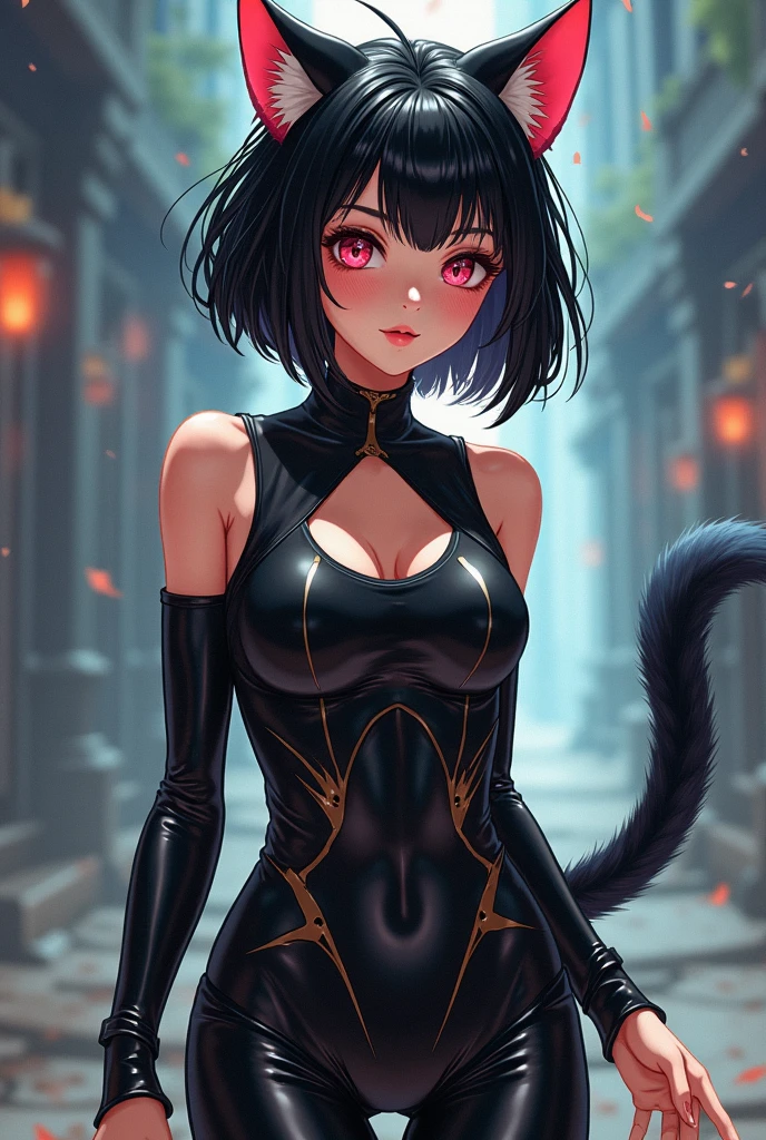 Selene undeworld, loba, Hibrido,piercings, tatuagens, tattoo de lua 🌙 na testa, black catsuit, Corcer, cabelo escuros,cachos,longo, franja loira