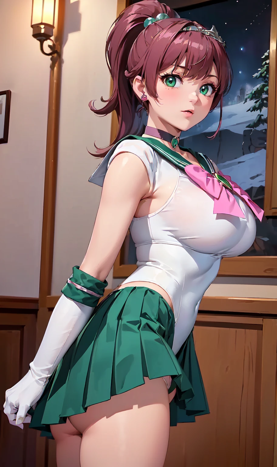 1girl,18yo,perfect hands, perfect finger,perfect anatomy, masterpiece, best quality,realistic, hyperrealistic, 16k hdr,, aamii, short hair, black hair, blue eyes, (glasses), (see through pink sailor senshi uniform,pink ultra miniskirt:1.3),outdoor,standing,(sweat:1.1),(happy smile),large breasts,cleavage,erected nipples,(sexy pose,spread legs:1.2),from below,navel,high heels