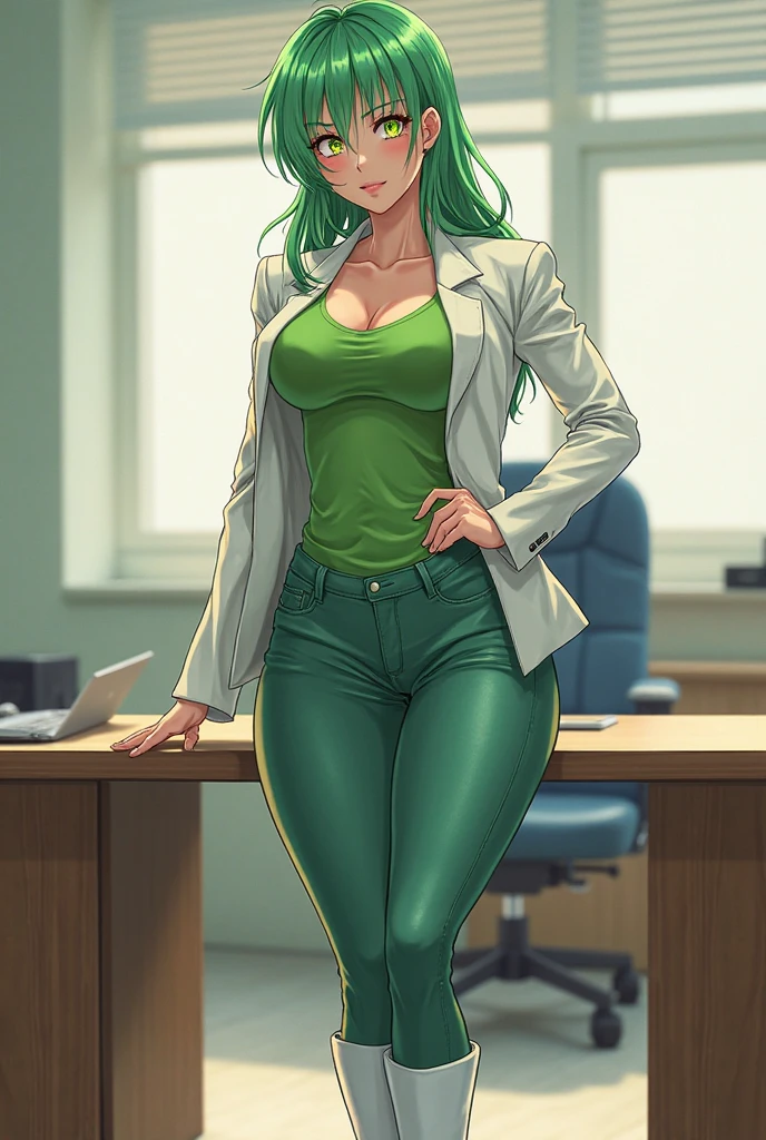 1. Alafe Street Fighter、Metallic Lime Green and Metallic Silver Martial Arts Uniform、Big breasts about to burst、Shirt with metallic white breast pockets、breasts pocket、neck tie、thin and long legs,、Pose ready to fight、Fitness Model、musculature、abdominals、Height 175cm、skin tanned、glistning skin、Cool smile、full-body view、