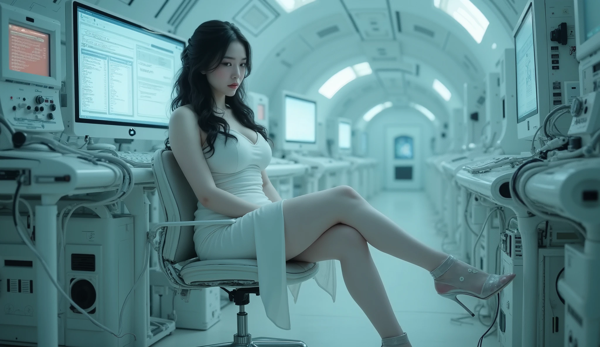 far elevated shot of (1woman), wide frame shot, full body pose, an albino European [South East Asian] mixed woman, (Caucasian), ((albino)), cute chubby, big breast, thick thighs, (white pale skin), black hair, sitting on sci-fi electrical instruments, working on computer with several monitors, wearing a white midi dress with a thigh-high slit, (((high heels))), exposing her legs and foot, (legs), the futuristic cyber-themed indoor environment surrounds her with soft lighting. very sharp and detail, high definition, 4K
