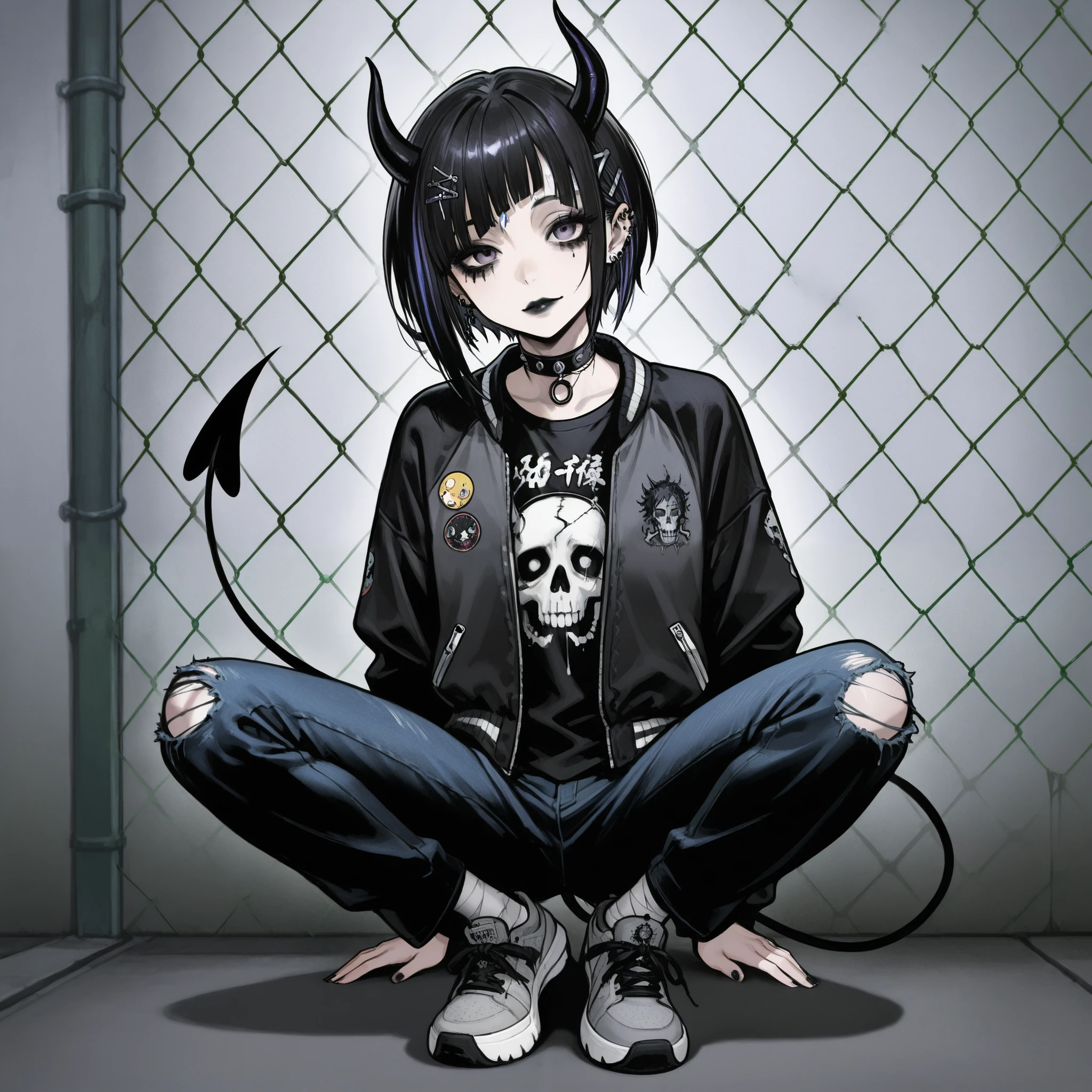 skinny tired girl is belong to emo/goth subculture. She has obsidian black scene hair with highlighted white strands .she has a wolf haircut and long bangs that hide half of her face. She has a lot of metal hairpins, barrette, hair clips on her bangs. Her eyes are purple. She has black Gothic makeup: black lipstick,black eyeliner and leaking mascara, black eye shadow. She has a lot of piercings and tattoos. On her neak she wears a spiky choker. She is dressed in a gray torn brand T-shirt with a skull print or metallica band, a bomber sport-jacket with set of safety pin and badges, oversized jeans with ripped holes on her knees, and gray sneakers. Her palms is bandaged. on her forehead two obsidian black devil horns,behind her back devilish pointy tail. she is hanging around in an alley where the walls are covered with graffiti and the passage is twisted by a chain-link fence. on the background is fogy abandoned city.